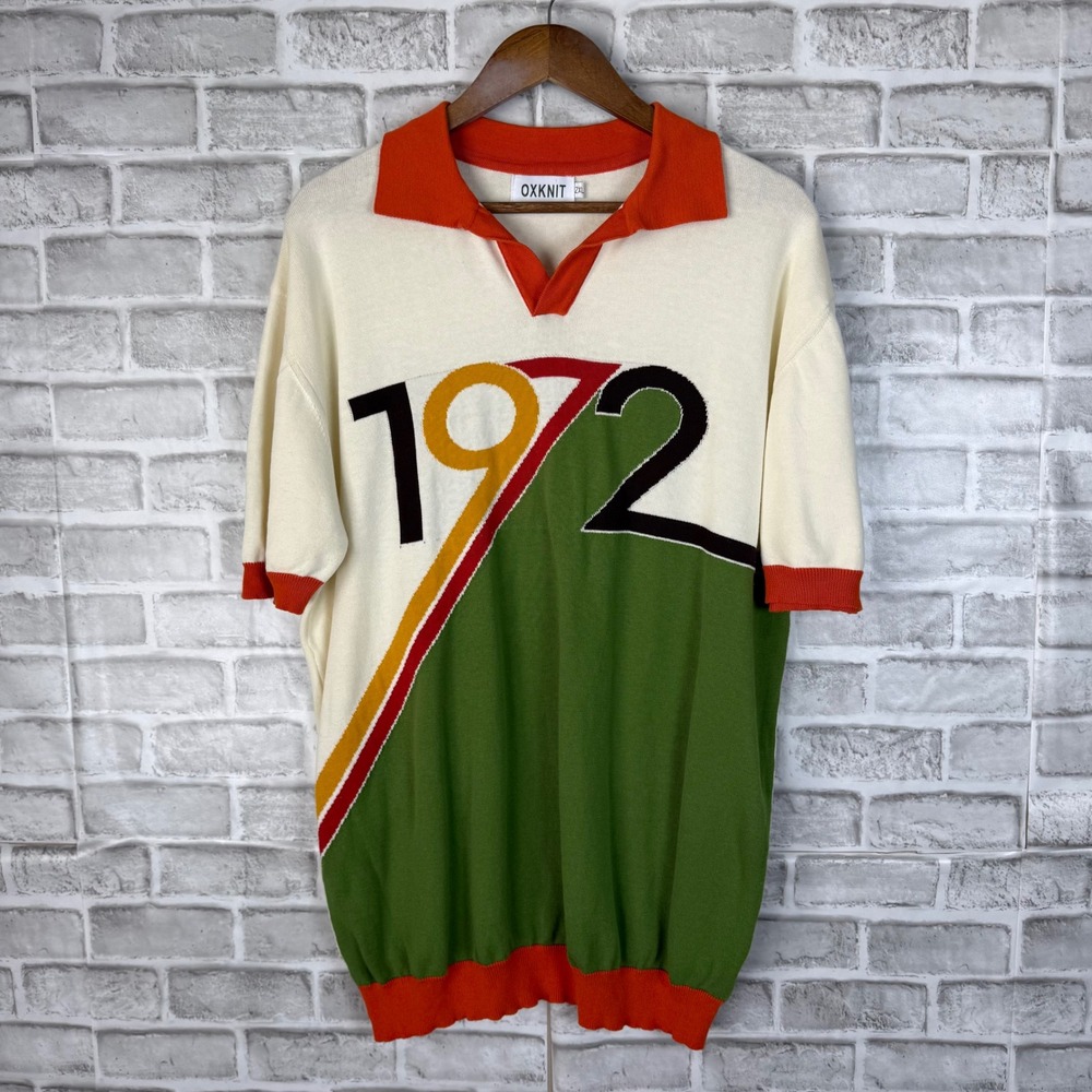 OXKNIT Mens 1972 Retro Graphic Knit Polo Shirt Short Sleeve Cotton Cream 2XL